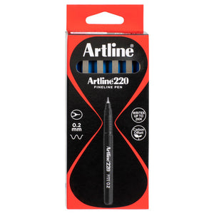 Front of an Artline 220 FINELINE PEN box of royal blue pens with 0.2 mm and WRITES UP TO 2KM badges
