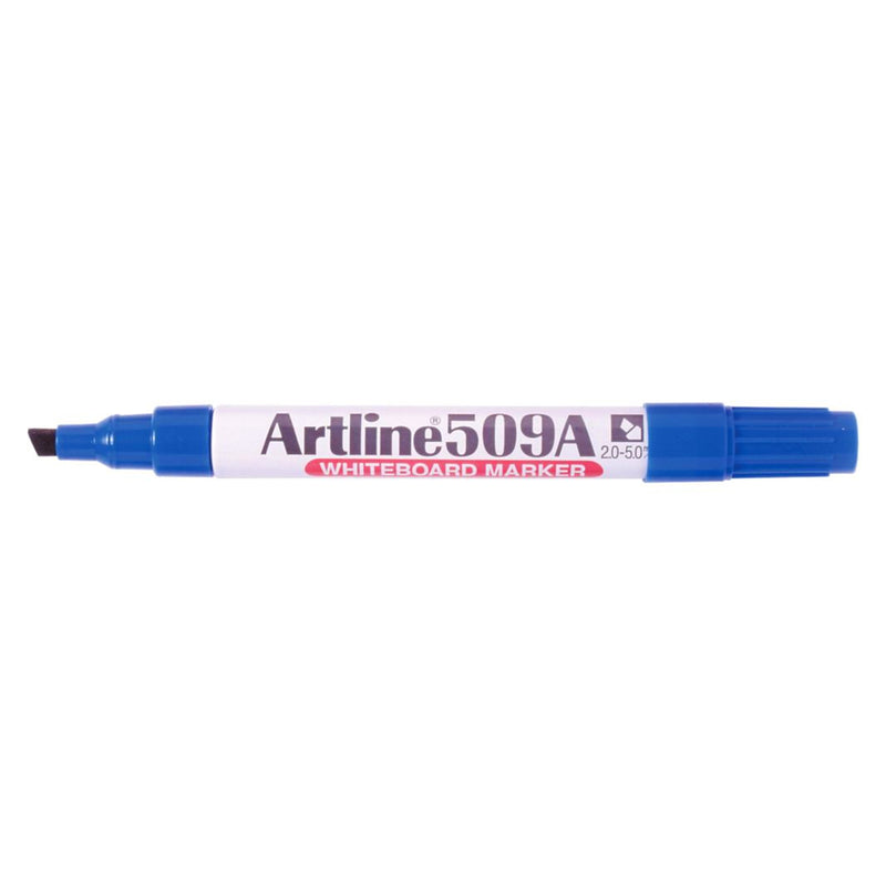 Studio product image of the Artline 509A Blue Whiteboard Marker displayed horizontally on a white background. The full marker is clearly visible with blue cap, aluminium barrel, product branding and 2mm to 5mm chisel nib specification.