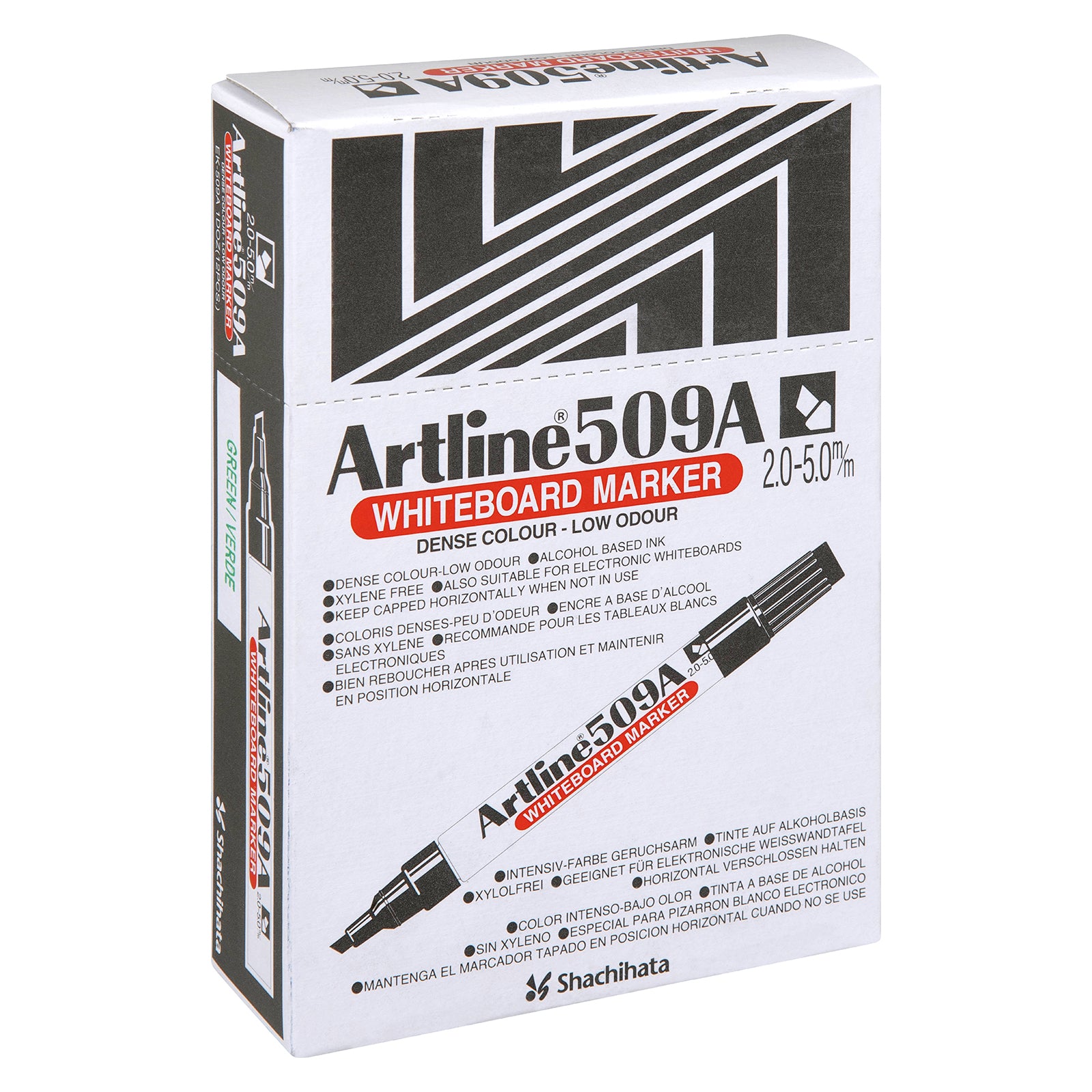 Retail packaging of the Artline 509A Green Whiteboard Marker shown on a clean white background. The packaging highlights dense colour, low odour alcohol based ink, xylene free formulation and durable construction, making it suitable for retail and catalogue presentation.