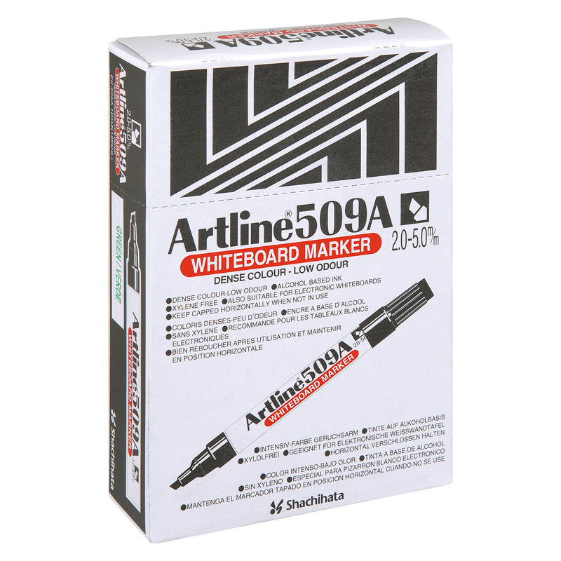 Retail packaging of the Artline 509A Green Whiteboard Marker shown on a clean white background. The packaging highlights dense colour, low odour alcohol based ink, xylene free formulation and durable construction, making it suitable for retail and catalogue presentation.