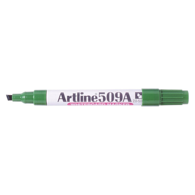 Studio product image displaying the Artline 509A Green Whiteboard Marker horizontally on a white background. The marker branding, green cap, aluminium barrel and adjustable 2mm to 5mm chisel nib are clearly visible for product identification.
