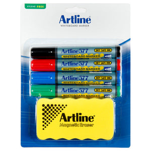 Artline 577 whiteboard starter kit 157791: hangsell card with assorted 577 markers and a yellow Artline Magnetic Eraser