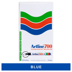 Artline 700 blue permanent markers, box of 12, front panel with a blue colour band below