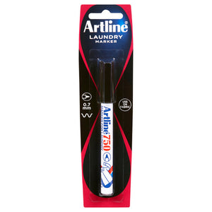 Black Artline 750 laundry marker on a red and black hanging card printed 0.7 mm and Use on Fabric