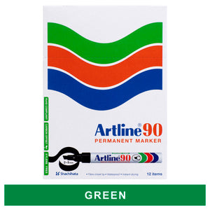 Artline 90 permanent marker box of 12, front view, with a green colour banner