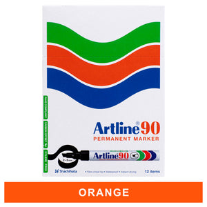 Artline 90 permanent marker box of 12, front view, with an orange colour banner