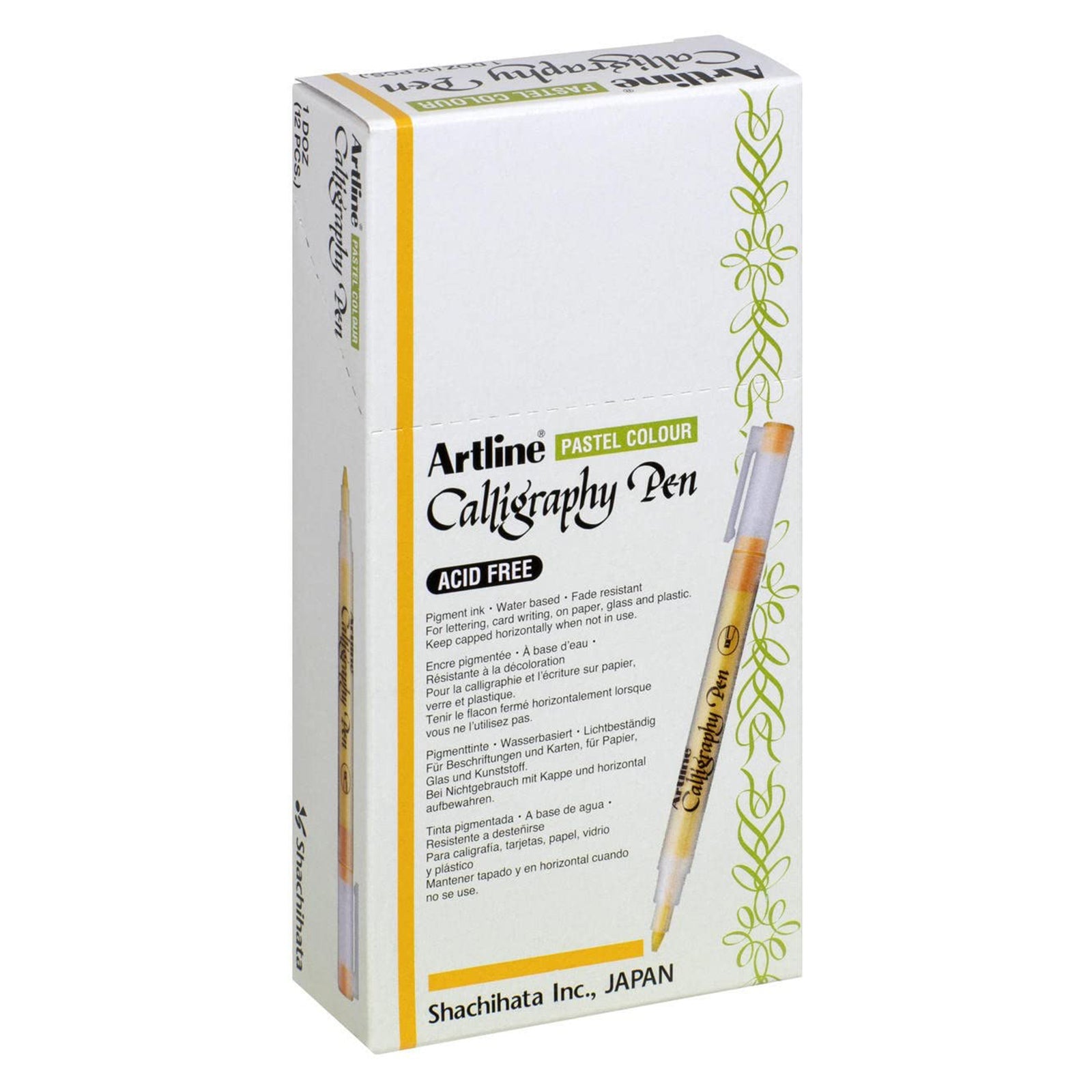 Angled view of the Artline Calligraphy Pen Pastel Colour retail box for the 2.0mm Pastel Lime Green variant. The packaging highlights acid free pigment ink, water based formulation and premium Artline branding suitable for retail presentation.