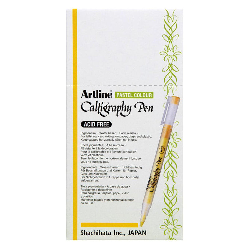Front facing retail packaging of the Artline Calligraphy Pen Pastel Colour 2.0mm Pastel Lime Green Box of 12. The box clearly displays the product branding, acid free calligraphy pen features and decorative design for easy product identification.