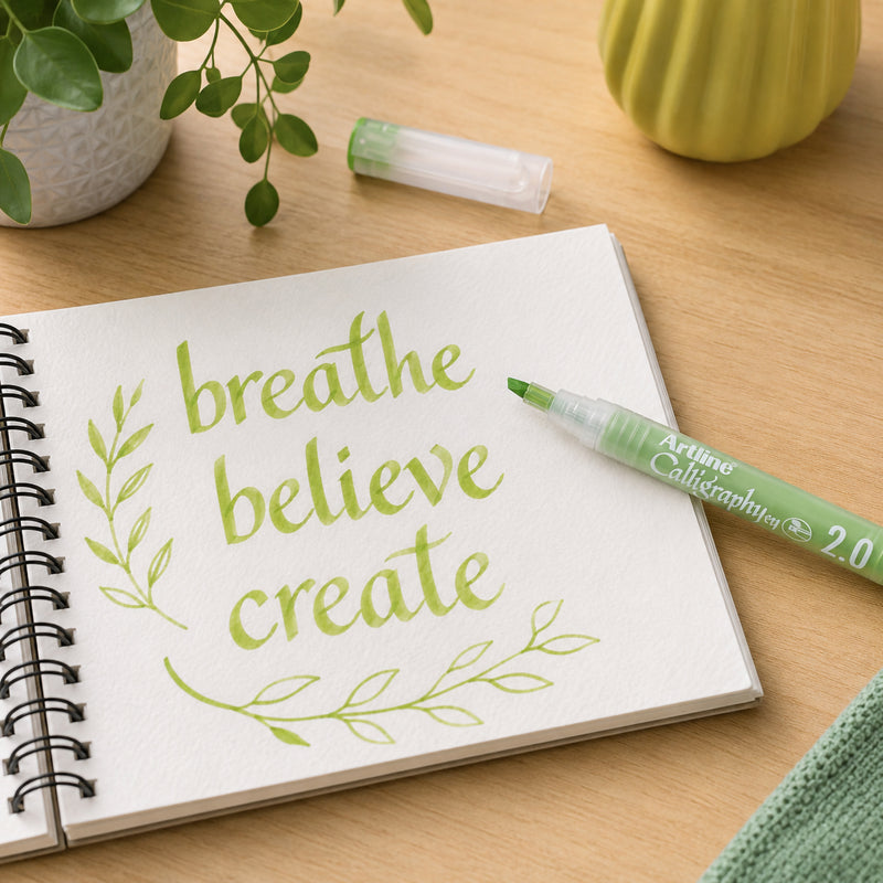 The Artline Calligraphy Pen 2.0mm Pastel Lime Green rests beside an open sketchbook featuring decorative calligraphy and botanical flourishes. The uncapped pen displays its broad nib while the calming workspace demonstrates its suitability for lettering, creative projects and artistic expression.