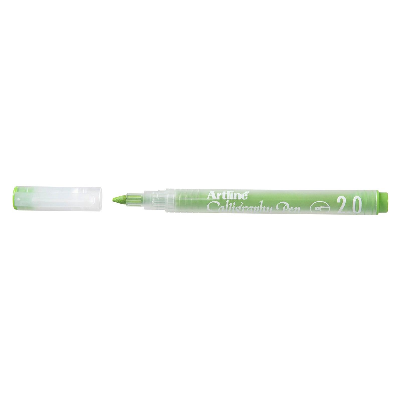 Studio product image showing the Artline Calligraphy Pen 2.0mm Pastel Lime Green uncapped with the cap positioned beside it against a white background, clearly displaying the broad nib, translucent barrel and pastel green finish.