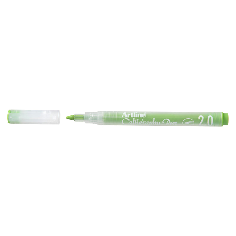 Studio product image showing the Artline Calligraphy Pen 2.0mm Pastel Lime Green uncapped with the cap positioned beside it against a white background, clearly displaying the broad nib, translucent barrel and pastel green finish.