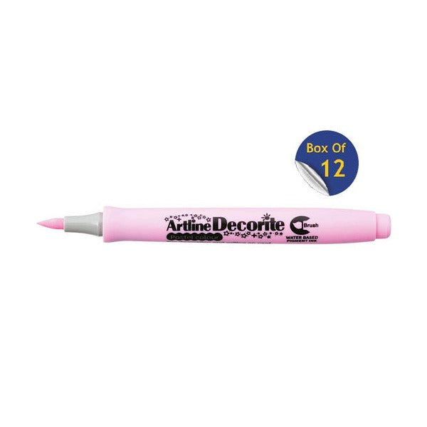 Artline Decorite Brush Pastel Pink marker, uncapped, with a Box Of 12 badge