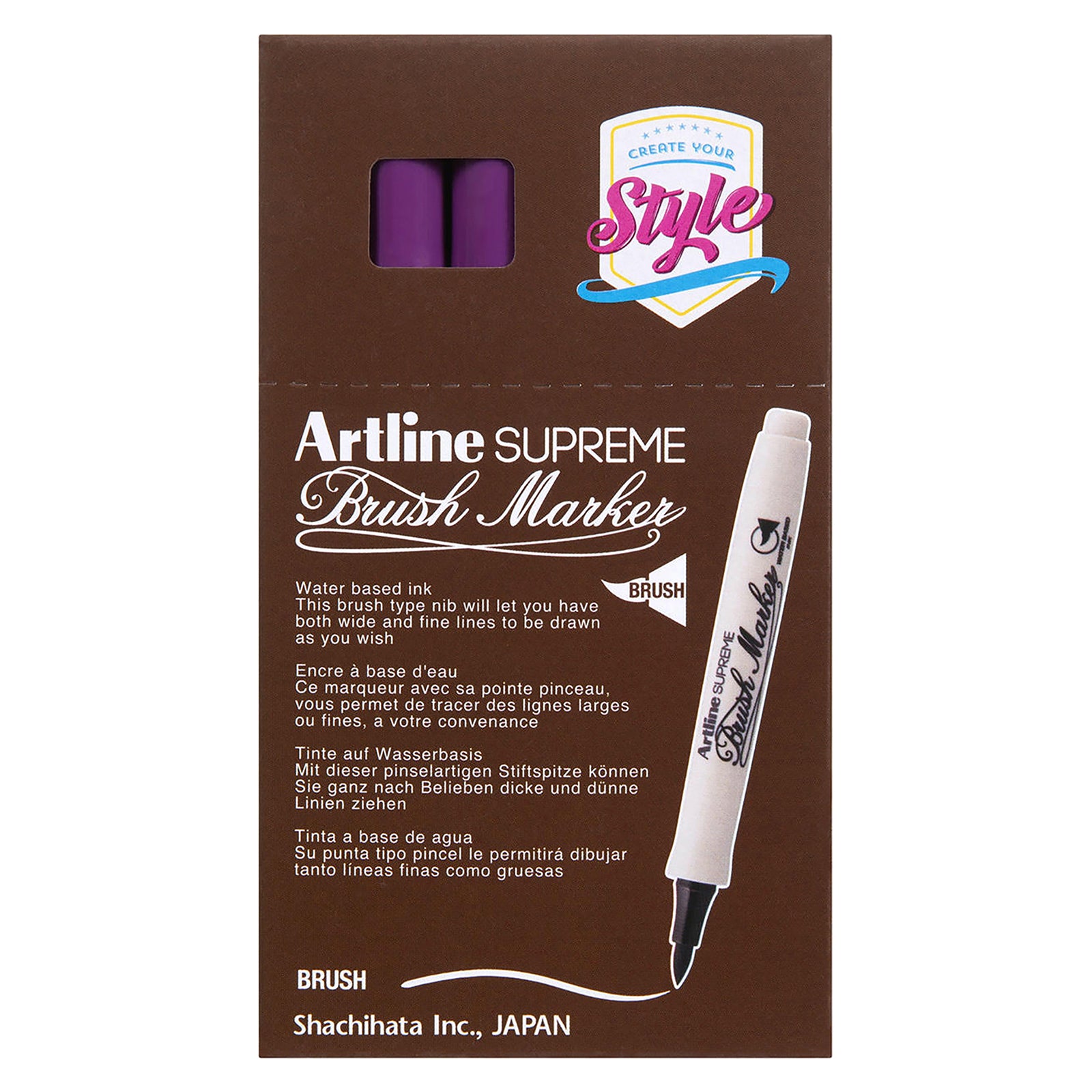 Retail packaging of the Artline Supreme Brush Marker Magenta is presented against a white background, highlighting the flexible brush nib, water based ink, artistic applications and premium Artline Supreme series branding.
