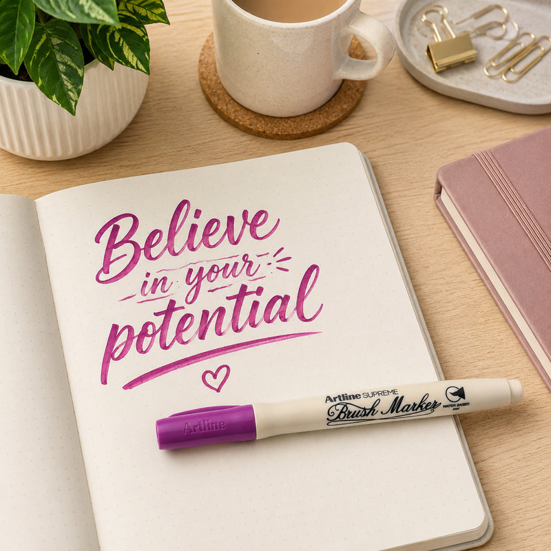 The Artline Supreme Brush Marker Magenta rests across an open notebook featuring inspirational hand lettering in vivid magenta. Surrounded by a coffee mug and stationery accessories, the image presents an inviting creative workspace for journalling, illustration and lettering projects.
