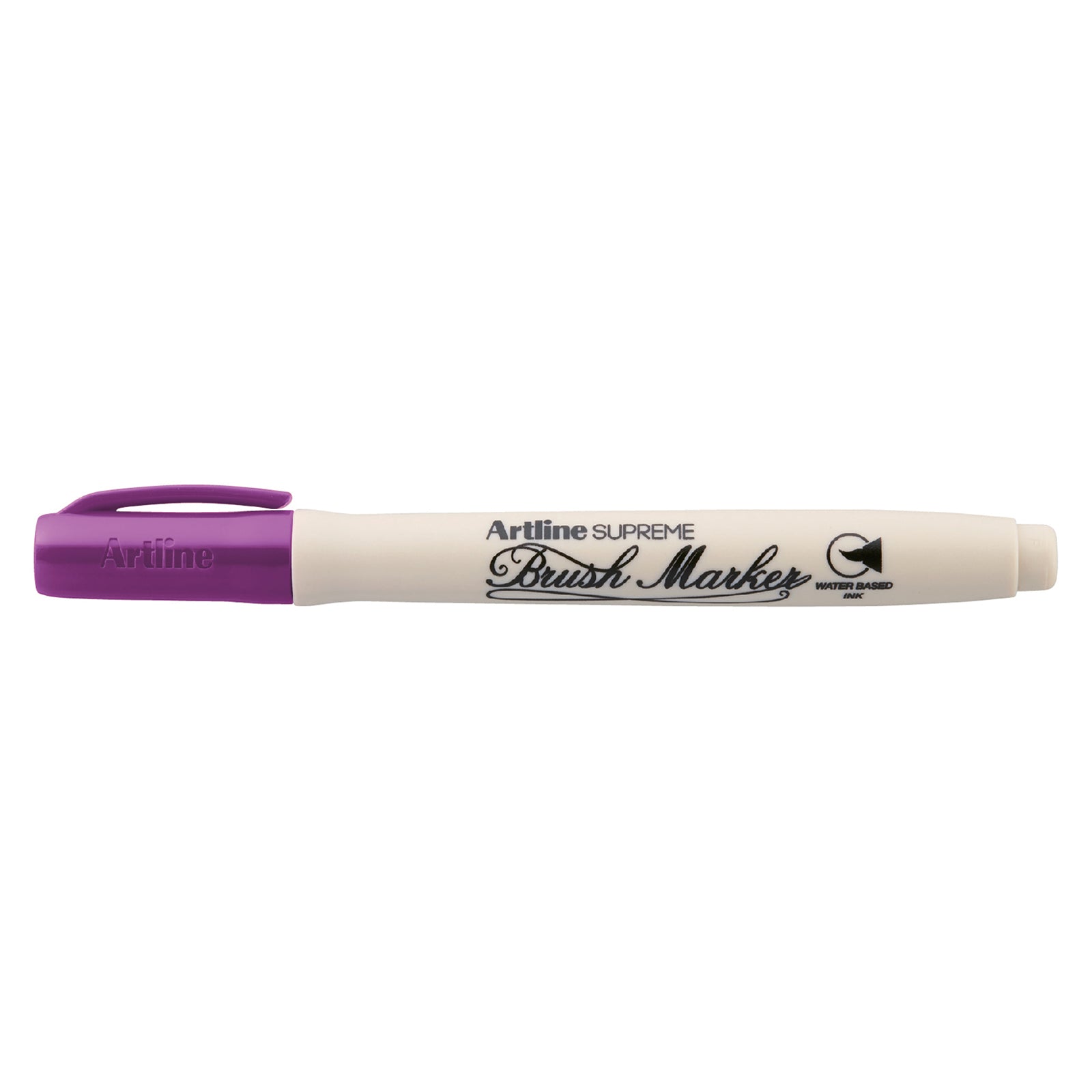 A clean isolated product image of the Artline Supreme Brush Marker Magenta against a white background. The image clearly displays the white ergonomic barrel, purple cap, brush tip design and Artline branding for ecommerce product listings.
