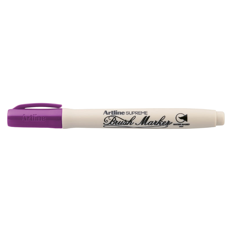 A clean isolated product image of the Artline Supreme Brush Marker Magenta against a white background. The image clearly displays the white ergonomic barrel, purple cap, brush tip design and Artline branding for ecommerce product listings.