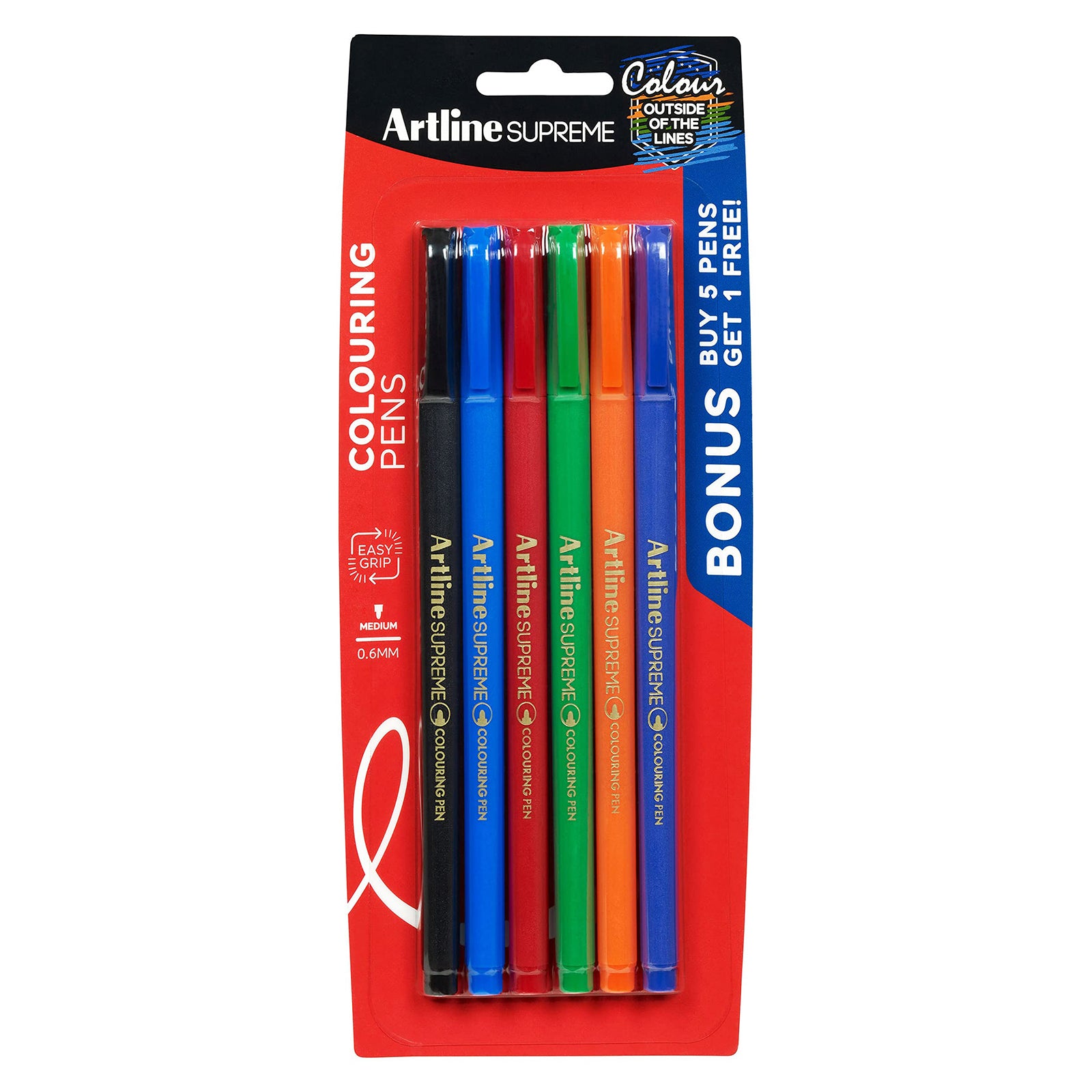 Front facing studio image of the Artline Supreme Colouring Pen Assorted Pack of 6 against a white background. The packaging clearly displays the included colours, easy grip design, 0.6mm fibre tip and premium Artline Supreme branding.
