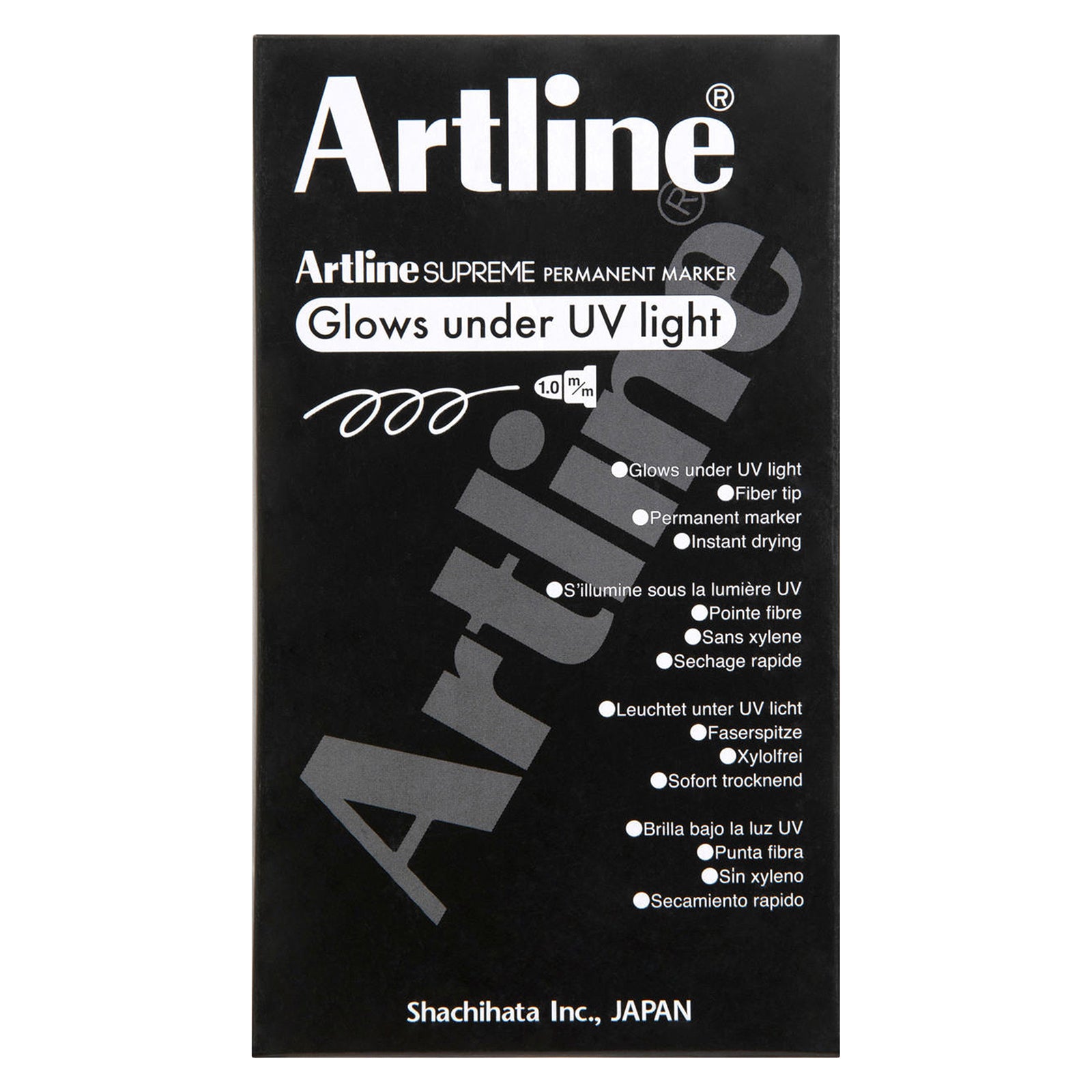 Retail packaging of the Artline Supreme Glow Permanent Marker Green is shown against a white background. The packaging highlights its ability to glow under UV light together with permanent ink, instant drying performance, fibre tip construction and xylene free formulation.