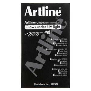 Front of a black Artline Supreme Glow box printed Glows under UV light (green listing)