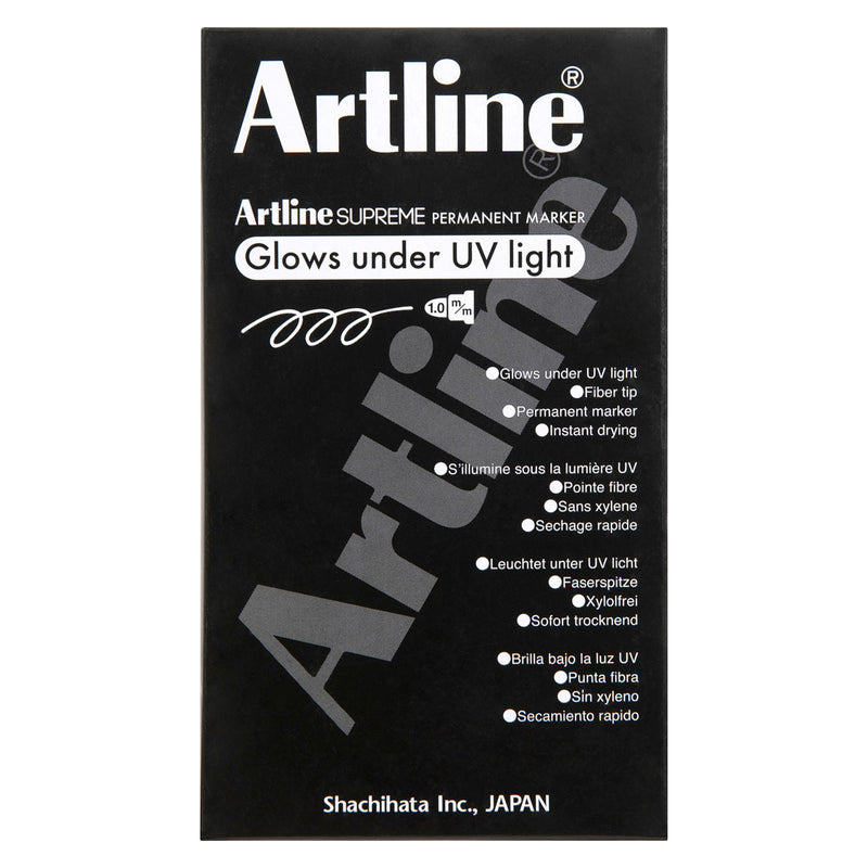 Retail packaging of the Artline Supreme Glow Permanent Marker Green is shown against a white background. The packaging highlights its ability to glow under UV light together with permanent ink, instant drying performance, fibre tip construction and xylene free formulation.