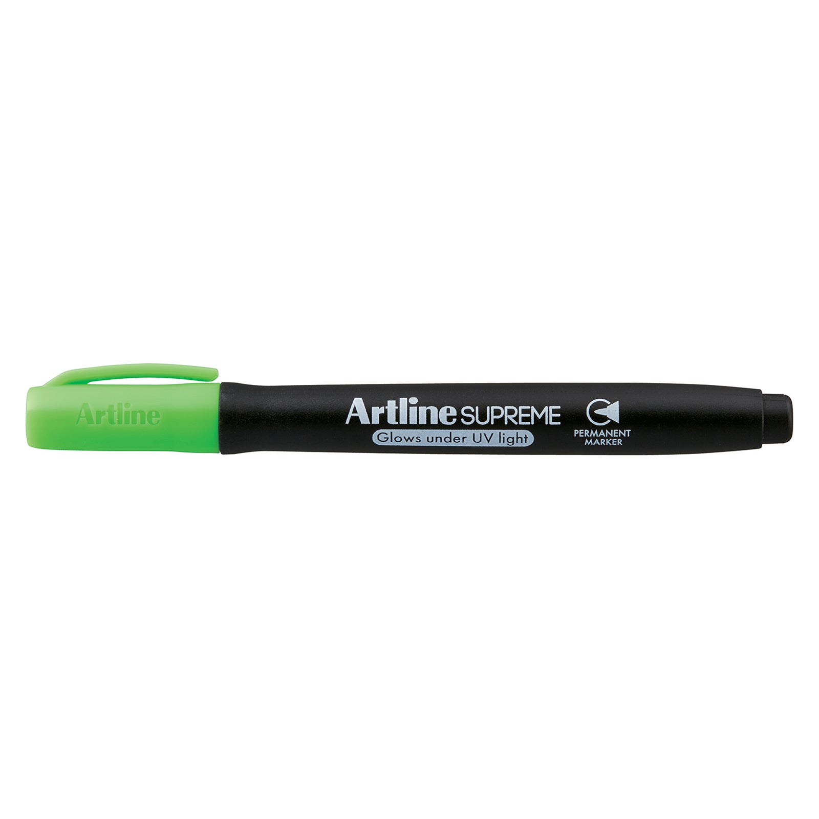 A clean isolated product image of the Artline Supreme Glow Permanent Marker Green against a white background. The image clearly displays the ergonomic black barrel, bright green cap, UV glow branding and permanent marker identification for ecommerce product listings.