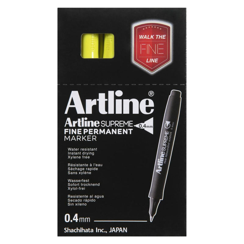 Retail packaging for the Artline Supreme Fine Permanent Marker 0.4mm Blue Yellow is displayed against a white background. The packaging highlights key features including water resistance, instant drying performance, xylene free ink and the fine 0.4mm tip for professional and creative applications.
