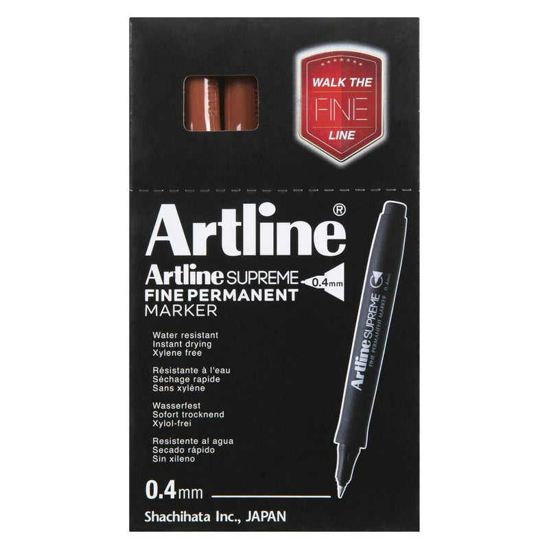 Retail packaging for the Artline Supreme Fine Permanent Marker 0.4mm Brown is shown against a white background. The packaging highlights key features including water resistance, instant drying performance, xylene free ink and the fine 0.4mm tip, making it suitable for online product listings.