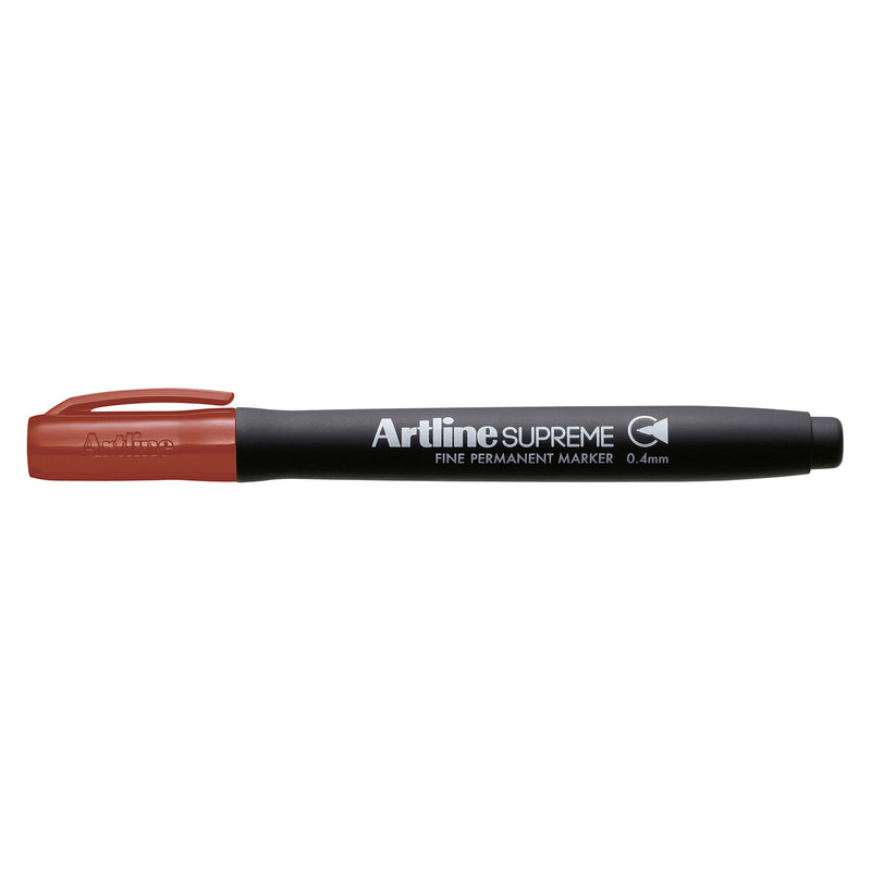 A clean isolated product image of the Artline Supreme Permanent Marker 0.4mm Brown against a white background. The full length view clearly displays the ergonomic black barrel, brown cap, fine 0.4mm nib designation and Artline Supreme branding for catalogue and ecommerce use.