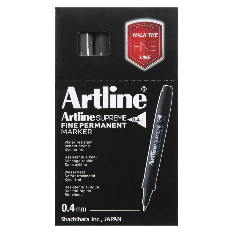 Retail packaging for the Artline Supreme Fine Permanent Marker 0.4mm Grey is displayed against a white background. The packaging highlights key features including water resistance, instant drying performance, xylene free ink and the fine 0.4mm tip, making it ideal for online retail listings.