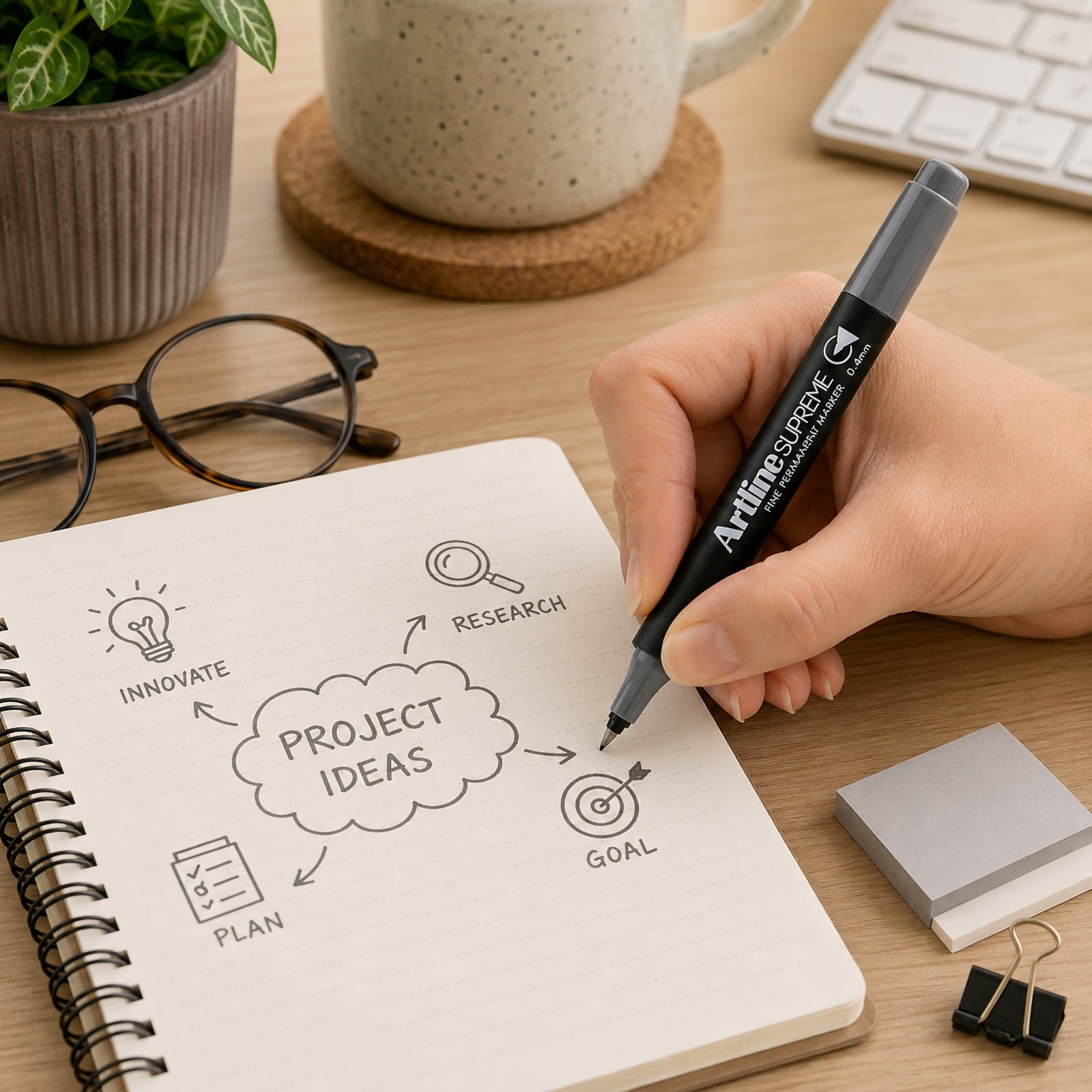A hand uses the Artline Supreme Permanent Marker 0.4mm Grey to sketch a project planning diagram inside a spiral notebook on a modern office desk. The grey ink creates neat lines and icons while surrounding stationery, a coffee mug and computer keyboard showcase the marker in a productive workspace.