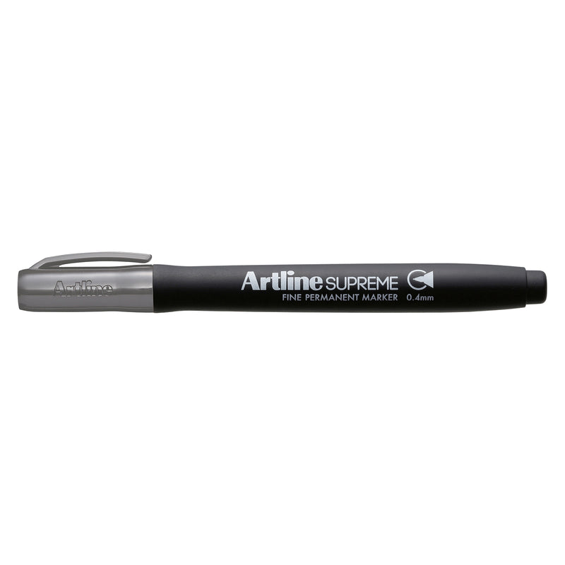 A clean isolated product image of the Artline Supreme Permanent Marker 0.4mm Grey against a white background. The full length profile clearly shows the ergonomic black barrel, grey cap, fine nib designation and Artline Supreme branding for ecommerce and catalogue presentation.