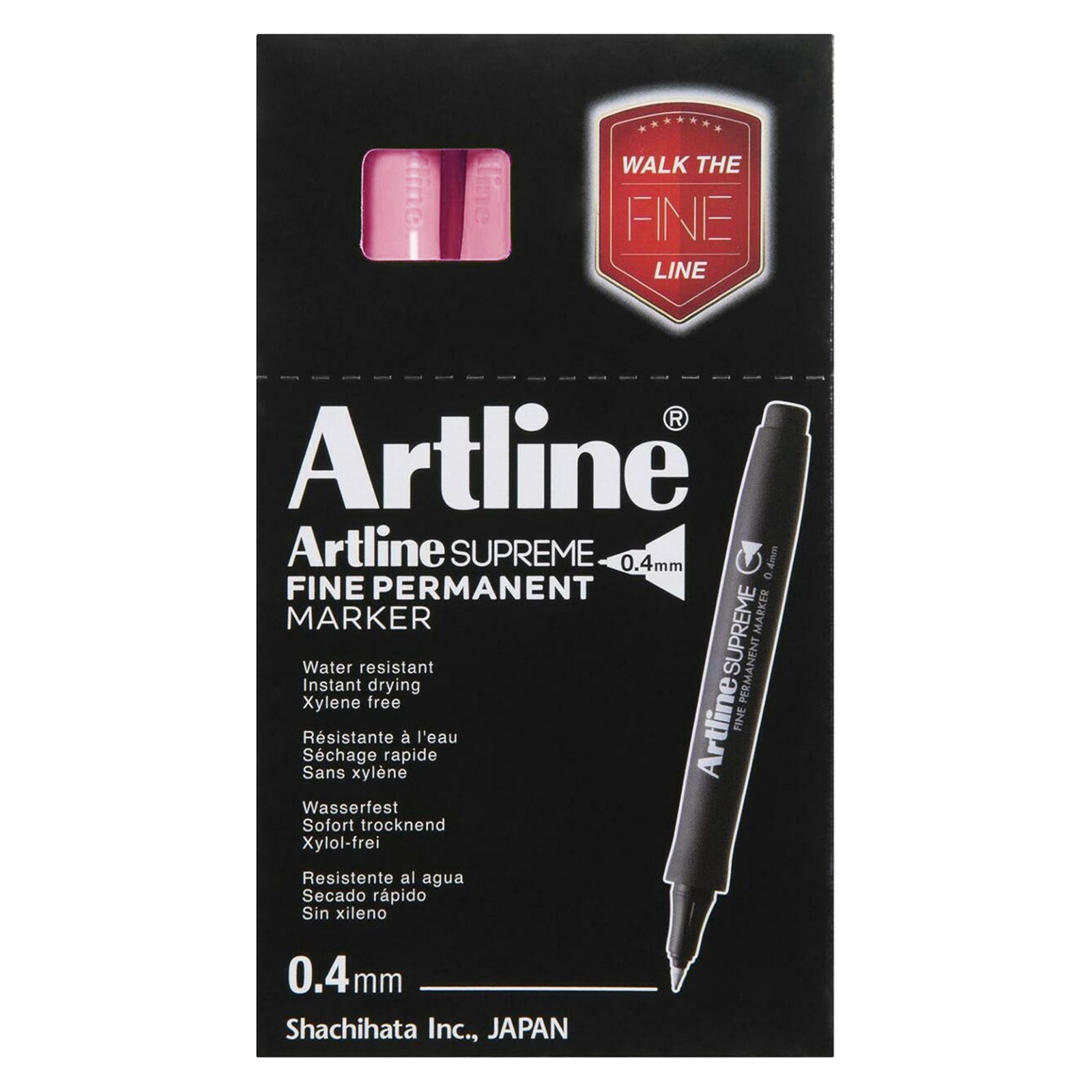 Retail packaging for the Artline Supreme Fine Permanent Marker 0.4mm Pastel Pink is displayed against a white background. The packaging highlights water resistant, instant drying and xylene free performance while showcasing the fine 0.4mm tip for detailed permanent writing.