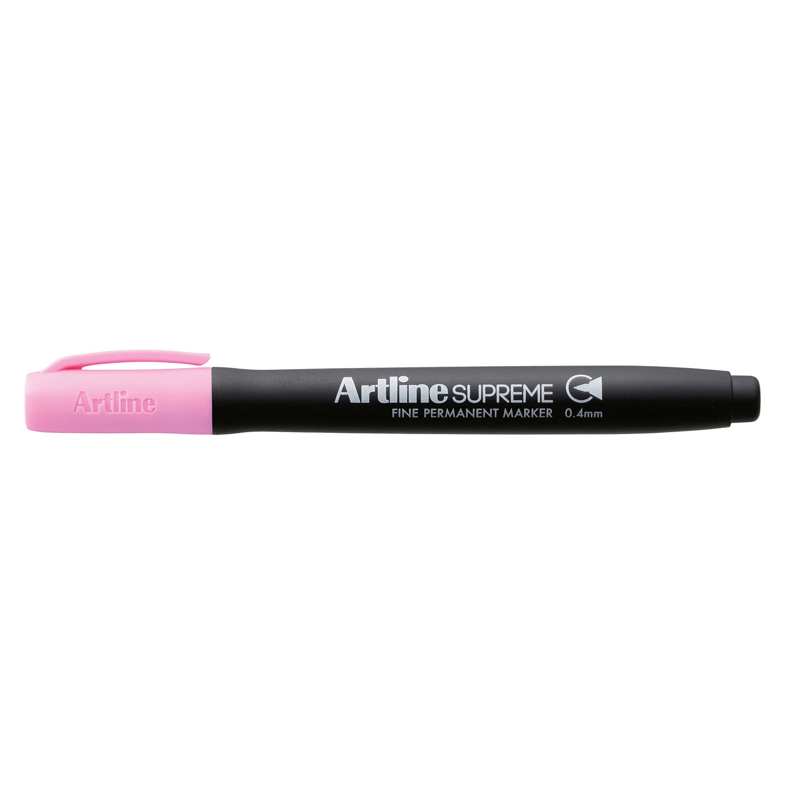 A clean isolated product image of the Artline Supreme Permanent Marker 0.4mm Pastel Pink against a white background. The full length profile clearly displays the ergonomic black barrel, pastel pink cap, fine 0.4mm nib designation and Artline Supreme branding for ecommerce and catalogue listings.