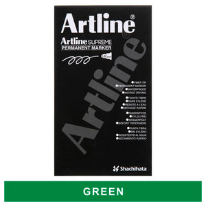 Black Artline Supreme Permanent Marker box, front view, with a green colour label beneath it