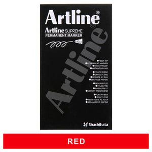 Black Artline Supreme Permanent Marker box, front view, with a red colour label beneath it