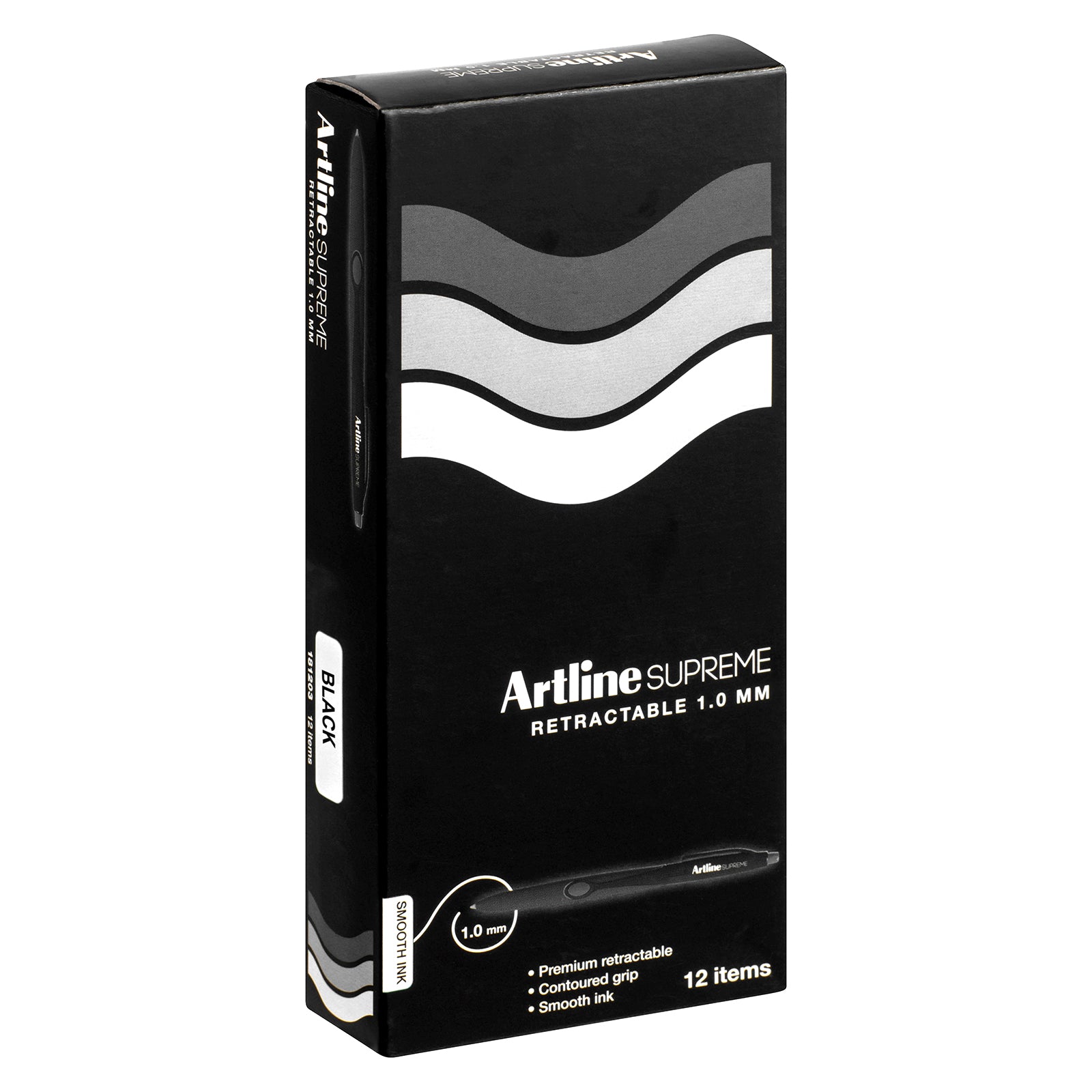 An angled studio view of the Artline Supreme Retractable Ballpoint Pen retail packaging. The premium black box displays the 1.0mm tip size, smooth ink messaging, retractable pen illustration and pack of 12 presentation, making it ideal for product catalogue and ecommerce listings.