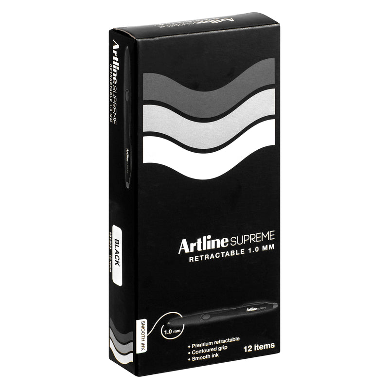 An angled studio view of the Artline Supreme Retractable Ballpoint Pen retail packaging. The premium black box displays the 1.0mm tip size, smooth ink messaging, retractable pen illustration and pack of 12 presentation, making it ideal for product catalogue and ecommerce listings.