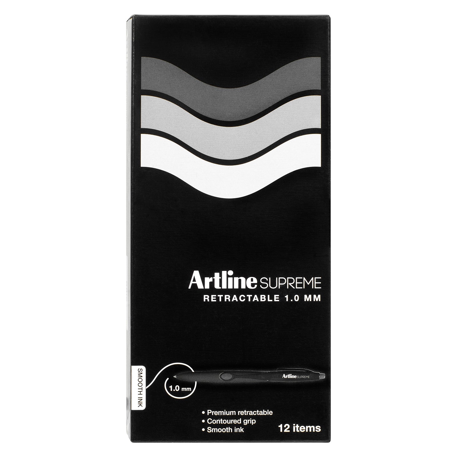 A front facing studio image of the Artline Supreme Retractable Ballpoint Pen retail box. The packaging prominently features the Artline Supreme branding, 1.0mm retractable pen graphic, smooth ink information and premium pack of 12 presentation against a clean white background.