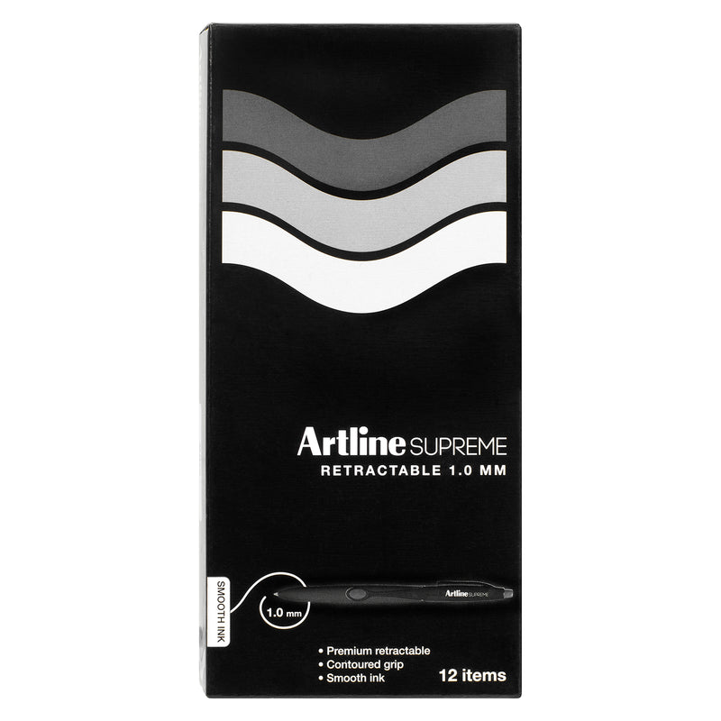 A front facing studio image of the Artline Supreme Retractable Ballpoint Pen retail box. The packaging prominently features the Artline Supreme branding, 1.0mm retractable pen graphic, smooth ink information and premium pack of 12 presentation against a clean white background.