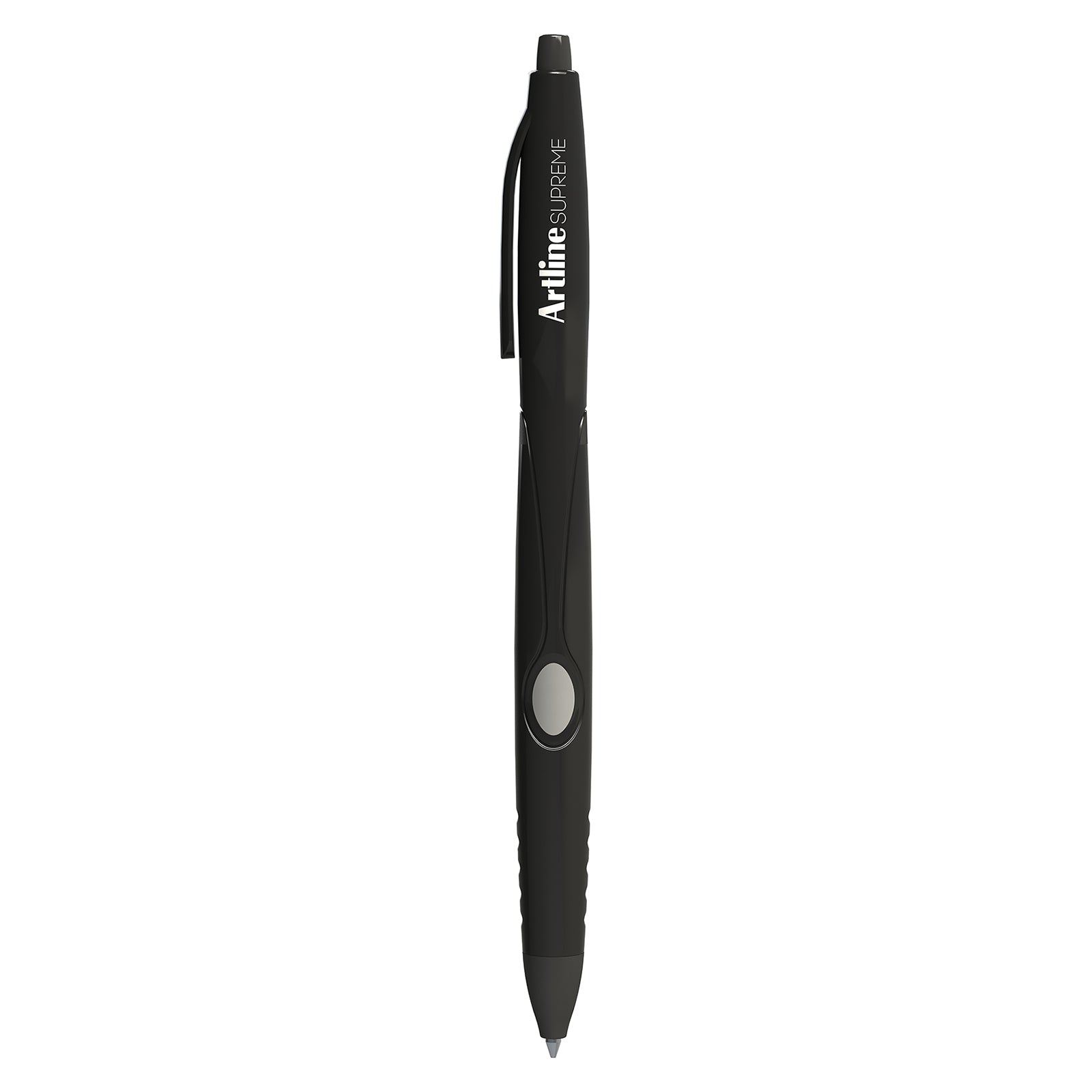 A studio product photograph of the Artline Supreme Retractable Ballpoint Pen 1.0mm Black displayed vertically on a white background. The image clearly highlights the retractable button, integrated pocket clip, soft ergonomic grip and sleek premium black barrel with Artline Supreme branding.