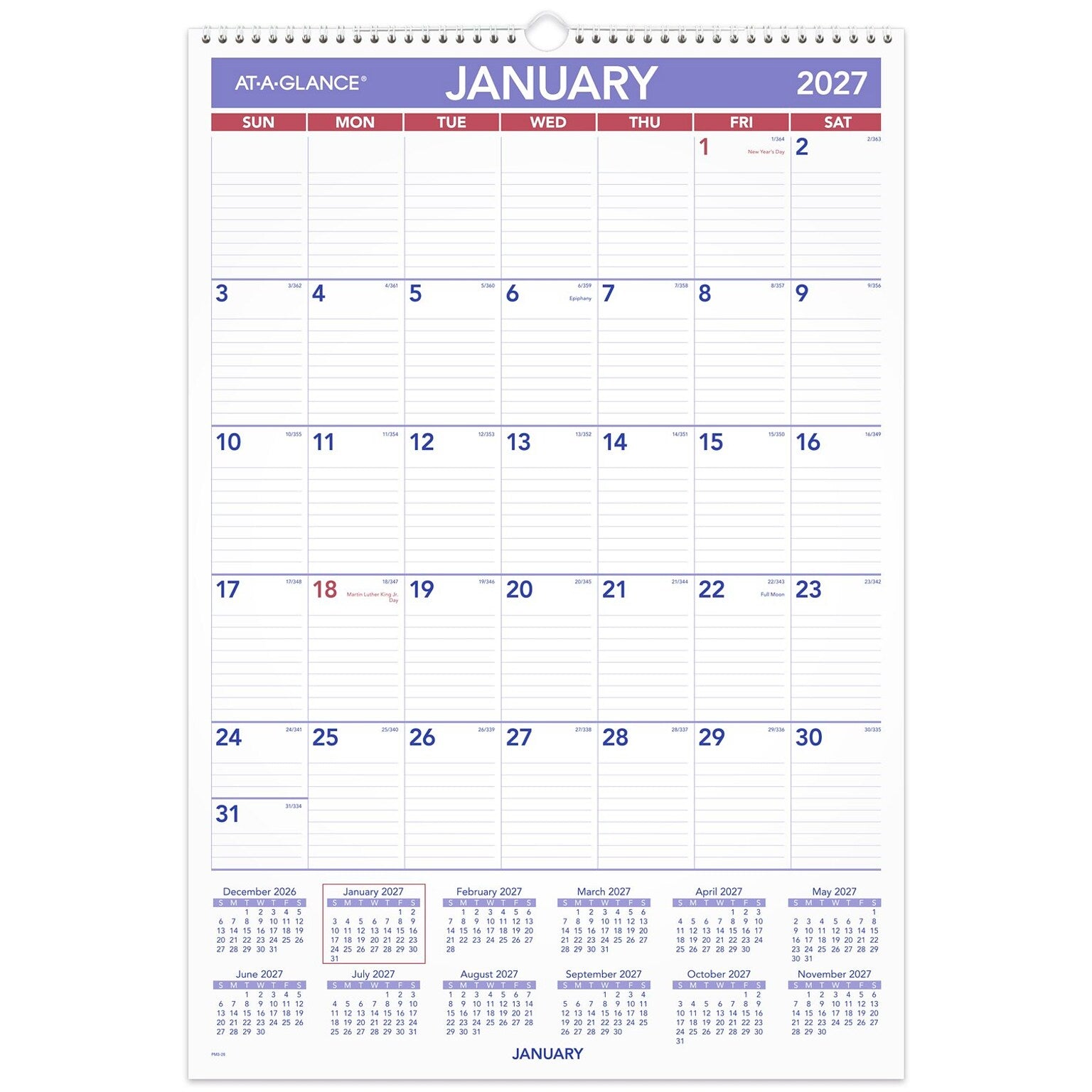 At-A-Glance Erasable Wall Calendar 2027 305 x 430mm Month To View shown front on, the printed 2027 planning grid, photographed flat against a plain background.