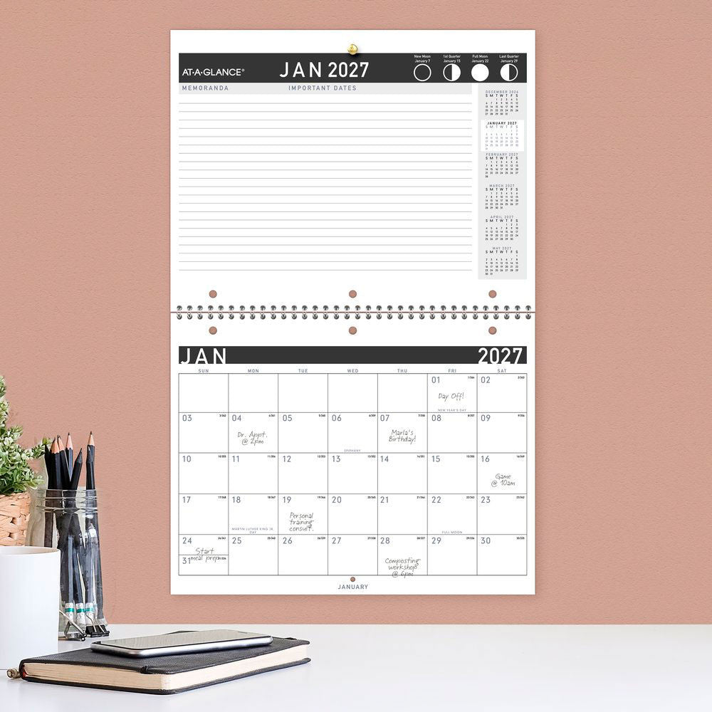 At-A-Glance Recycled Desk and Wall Calendar 2027 279 x 215mm Month To View opened to show the printed monthly grid and the dated planning layout inside.
