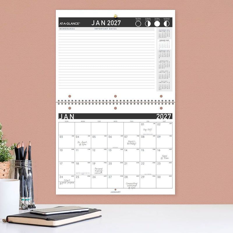 At-A-Glance Recycled Desk and Wall Calendar 2027 279 x 215mm Month To View opened to show the printed monthly grid and the dated planning layout inside.