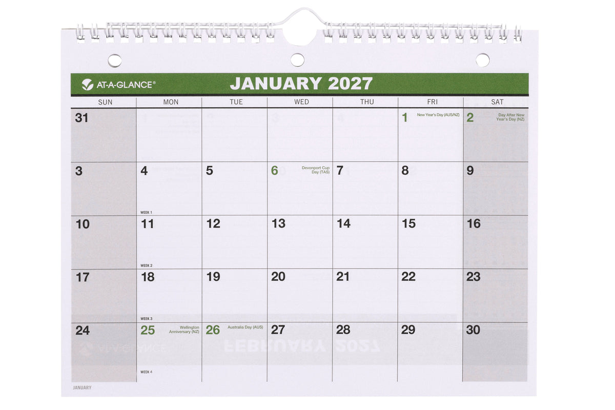 At-A-Glance Recycled Desk and Wall Calendar 2027 279 x 215mm Month To View shown front on, the green Australian edition in landscape format open at January 2027.
