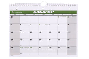 At-A-Glance RCPM17027 2027 landscape calendar open at January, green header, plain day blocks with shaded weekend columns and week numbers, three punched holes below the wire binding and centre hanger.