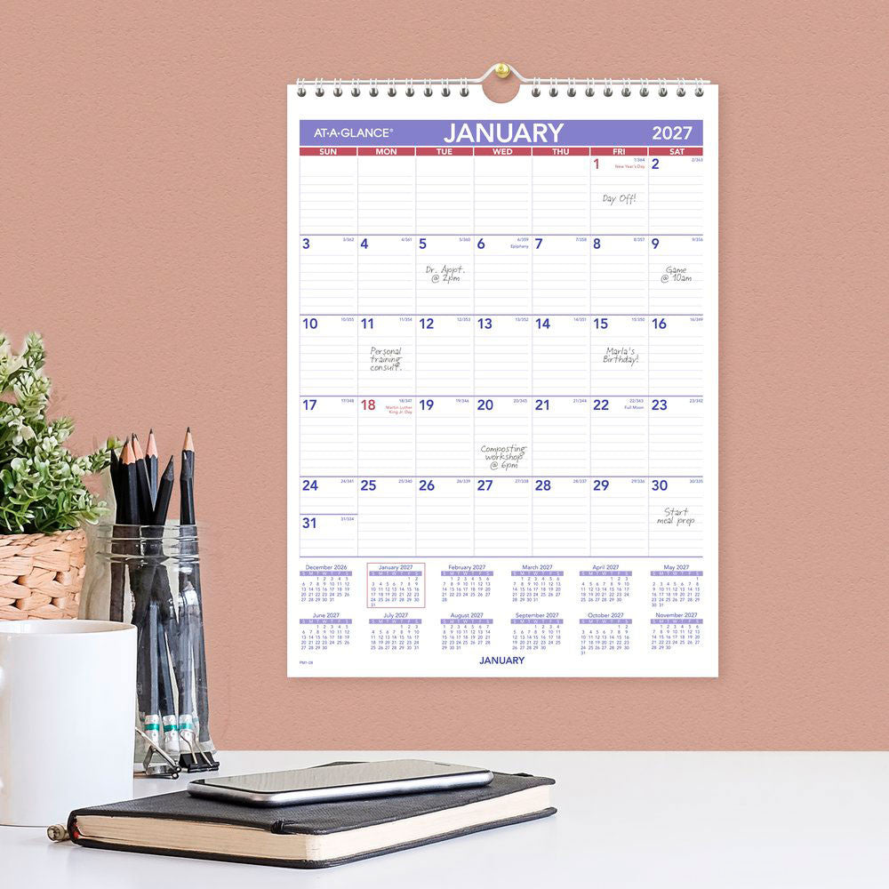 At-A-Glance Recycled Wall Calendar 2027 203 x 281mm Month To View opened to show the printed monthly grid and the dated planning layout inside.