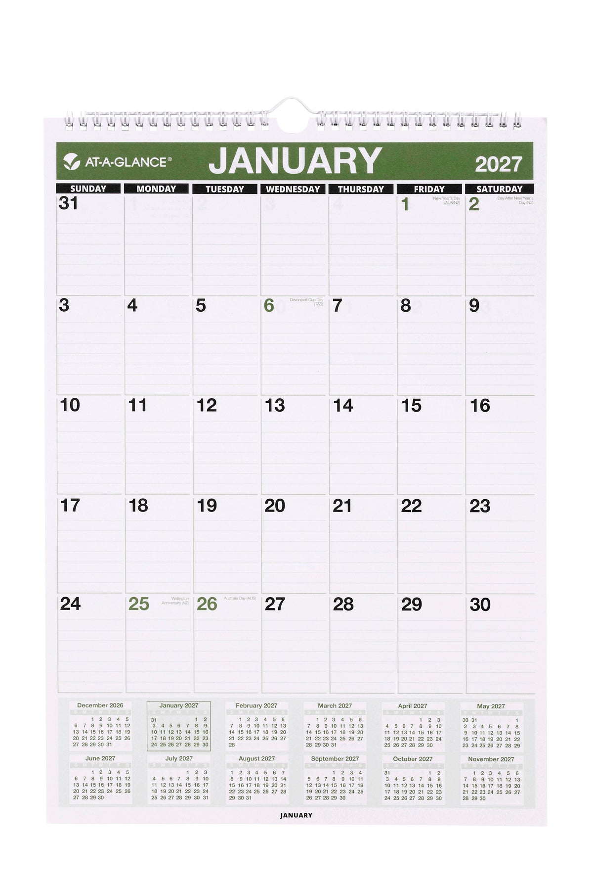 At-A-Glance Recycled Wall Calendar 2027 203 x 281mm Month To View shown front on, the green Australian edition open at January 2027 with the ruled monthly grid visible.