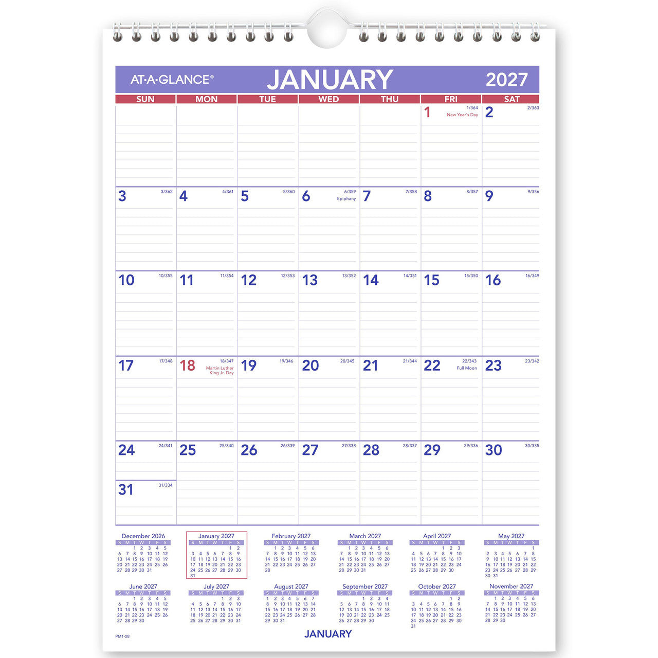 At-A-Glance Recycled Wall Calendar 2027 203 x 281mm Month To View shown front on, the printed 2027 planning grid, photographed flat against a plain background.