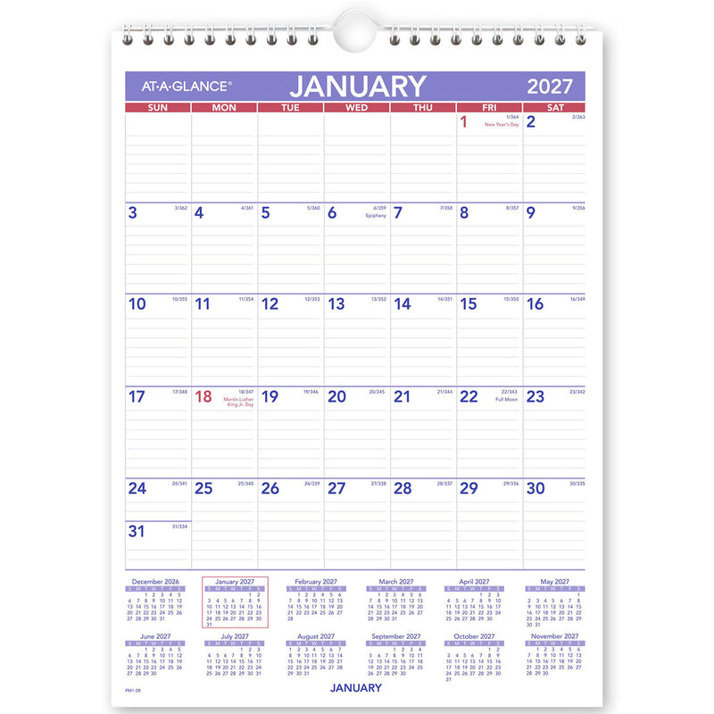At-A-Glance Recycled Wall Calendar 2027 203 x 281mm Month To View shown front on, the printed 2027 planning grid, photographed flat against a plain background.