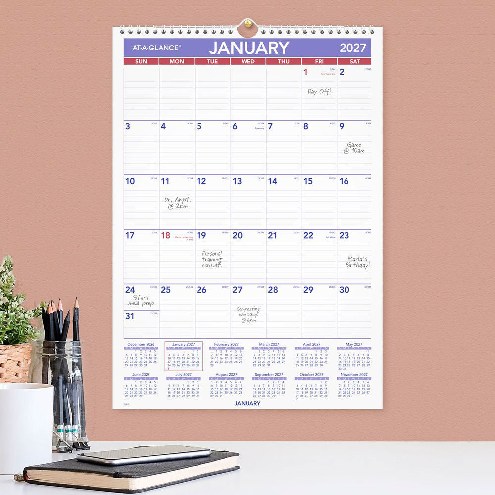 At-A-Glance Recycled Wall Calendar 2027 305 x 432mm Month To View opened to show the printed monthly grid and the dated planning layout inside.